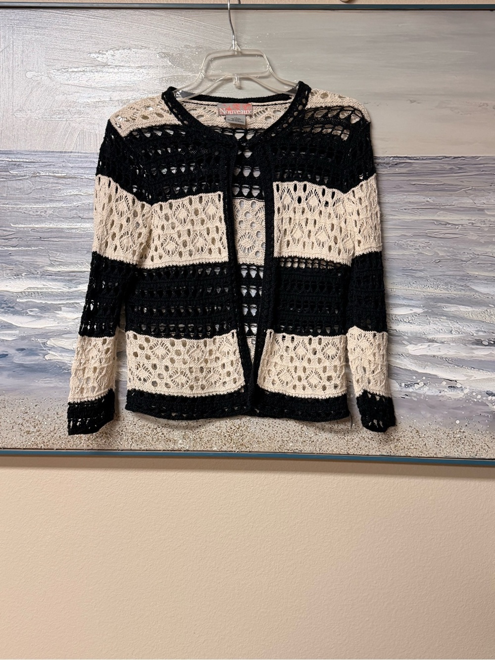 Nouveaux Women’s Size PS Open-Knit Black & Cream Striped Cardigan Sweater
